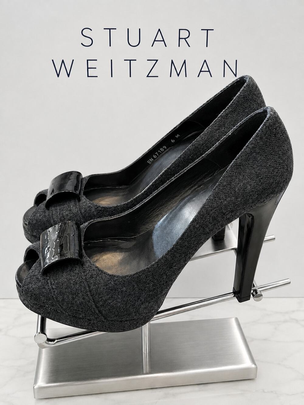 Stuart Weitzman Dark Gray Textured Bow Peep Toe Platform Pumps Size 6 M